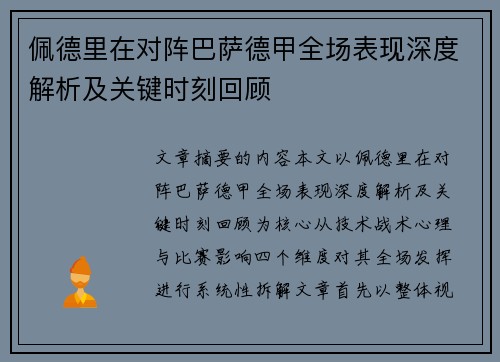 佩德里在对阵巴萨德甲全场表现深度解析及关键时刻回顾